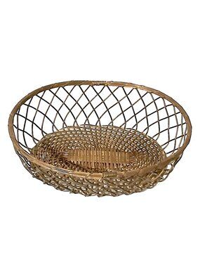 Vintage Brass Woven Basket Bowl 12” Oval Decorative Fruit Tray